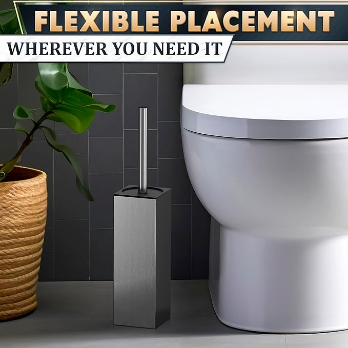 Silver Toilet Brush and Holder Set Stainless Steel – Square Design Toilet Bowl Brush and Holder, Rust, Corrosion & Scratch Resistant with Splash Protection, for Efficient Cleaning and Neat Storage