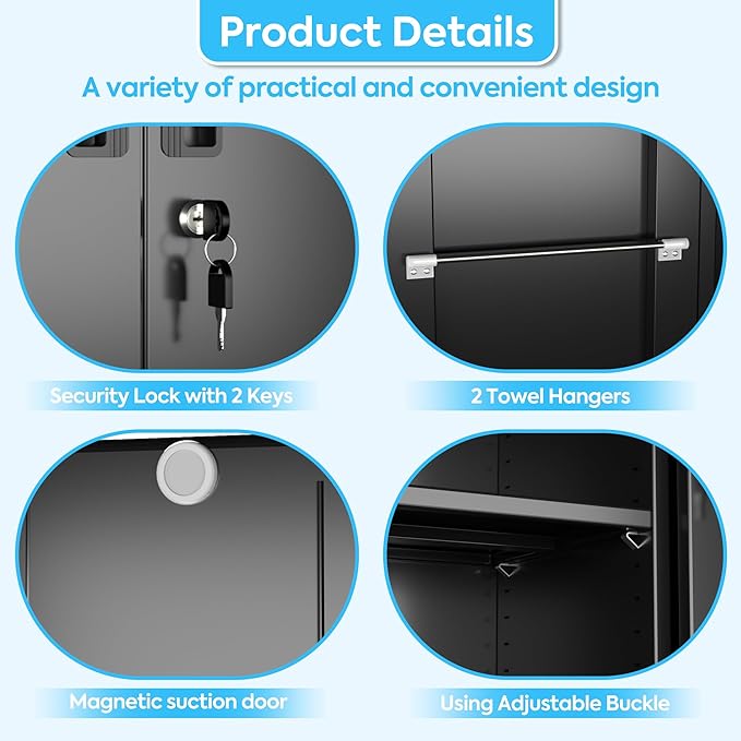 SUXXAN Broom Closet Storage Cabinet with Wheels 71.4"x 33.9"x16.9", Metal Cleaning Cabinets with Hooks and Hanging Rods, Lockable Cabinet with Pegboard, Adjustable Shelf,for Garage, Laundry Room