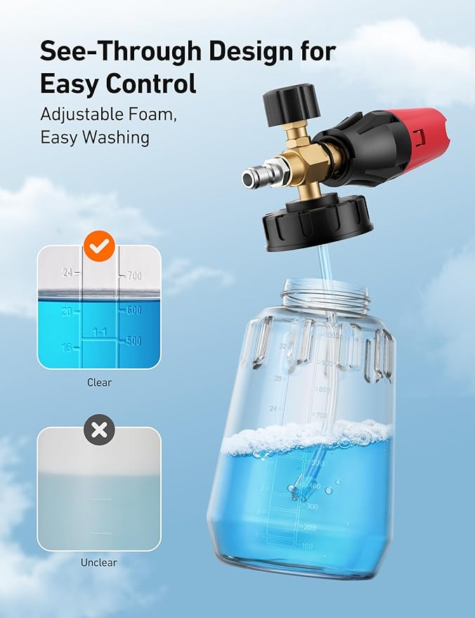 AstoAI Foam Cannon for Pressure Washer, Snow Clear Foam Cannon, Wide Neck Foam Blaster Adjustable Nozzle for Car Wash Accessories, with 1/4 Inch Quick Connector, 1 L Clear Bottle