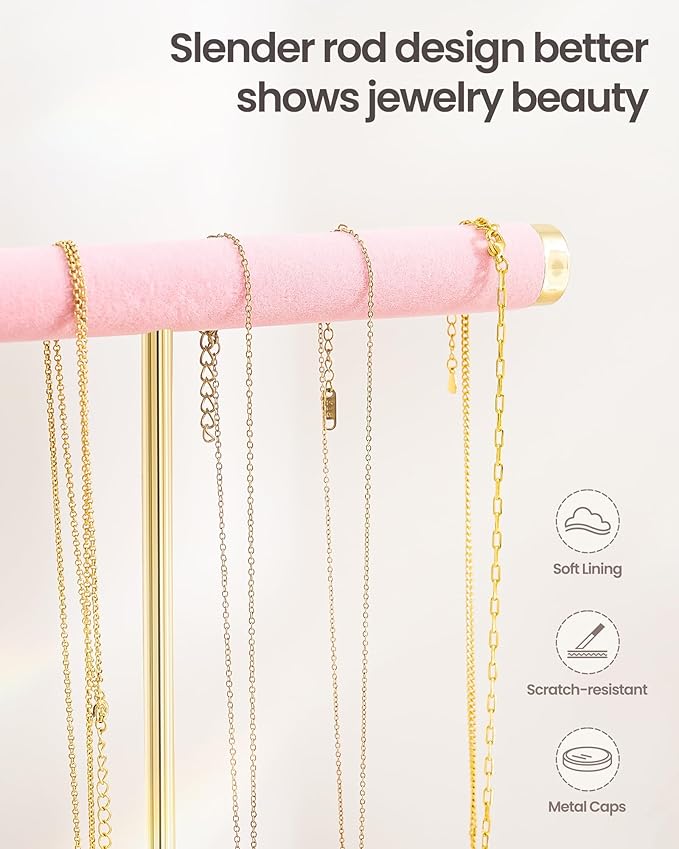 Lolalet 2-Tier Necklace Holder Display, Velvet Wrapped Bracelet Stand with Removable Ring Tray, Tall Jewelry Organizer for Bangles Watches Earrings, Galentines Valentines Gifts for Girls Women -Pink