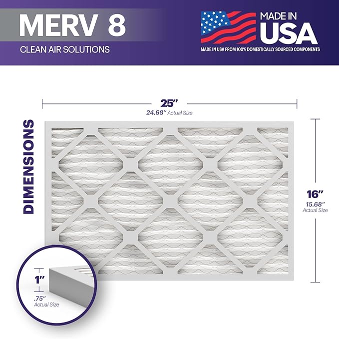 BNX 16x25x1 MERV 8 Air Filter 2 Pack - MADE IN USA - Electrostatic Pleated Air Conditioner HVAC AC Furnace Filters - Removes Dust, Mold, Pollen, Lint