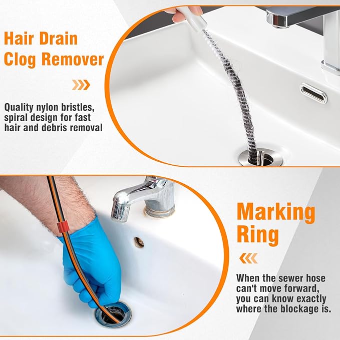 100FT Sewer Jetter Kit for Pressure Washer, 1/4" NPT Corner Drain Cleaner Hose 5800 PSI with Sewer Jetting Nozzles, Pearl Corsage Pin, Waterproof Tape, Extension Cord Organizer&2 Spanner