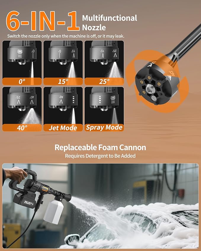 Cordless Pressure Washer Battery Powered; 1200PSI Cordless Power Washer with Brushless Motor, 4.0Ah Battery, 6-in-1 Nozzle, 3 Level; Handheld Portable Pressure Washer (5022-BK5)