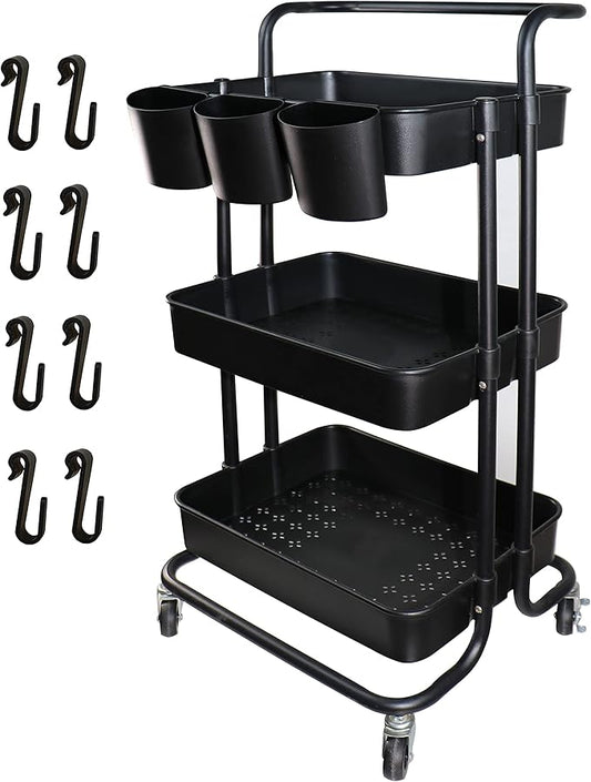 3 Tier Utility Rolling Cart Multifunction Organizer Shelf Storage Cart with Handle and Lockable Wheels for Home Kitchen Bathroom Laundry Room Office Store etc. (Black)