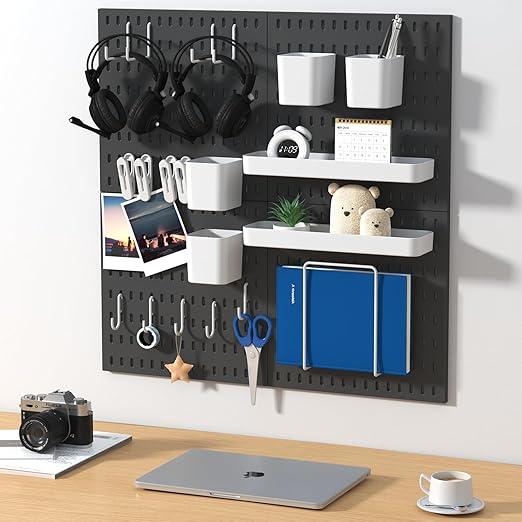 Peg Board Combination Kit, 8 Pegboards with 40 Accessories, Pegboard Wall Organizer for Office, Nursery & Home Storage, Key Holder, 51.2"x25.6" – Nail-Free Installation（Black）