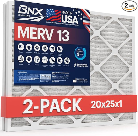 BNX TruFilter 20x25x1 MERV 13 (2-Pack) AC Furnace Air Filter - MADE IN USA - Electrostatic Pleated Air Conditioner HVAC AC Furnace Filters - Removes Pollen, Mold, Bacteria, Smoke