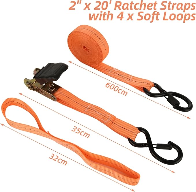 4Pack Ratchet Straps, 20Ft Ratchet Tie Down Straps, 1700 LB Break Strength Ratchet Cargo Straps with Safety Lock S Hooks & Soft Loops for Moving Cargo, Motorcycle, Appliances, Lawn Equipment