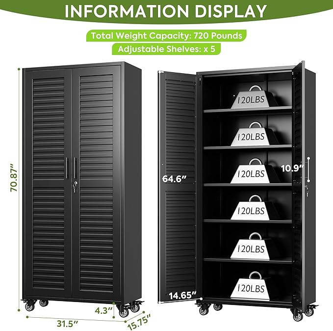 SUXXAN Garage Storage Cabinet with Wheels Pegboard and 5 Adjustable Shelves, 71"x 31.5"x15.8" Metal Lockable Cabinet with Louvered Doors, Tool Storage, Home Office Garage, Gym, School (Black)