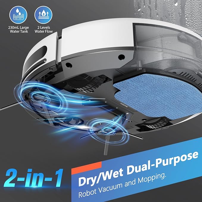 Robot Vacuum and Mop Combo, 2 in 1 Robotic Vacuum Cleaner with Schedule, App/Alexa/Voice Control, Slim 2.87", Self-Charging, 2300 Pa Suction & Long Runtime, Ideal for Hard Floor, Pet Hair, Carpet