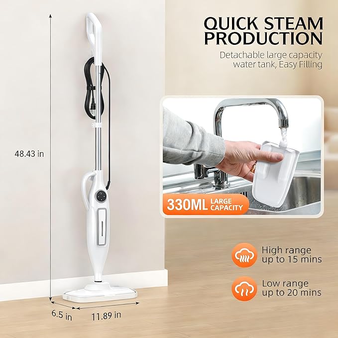 10-in-1 Steam Mop with Power Handheld Steam cleaner, Removable Water Tank, 266℉Deep Cleaning, 2 Steam Modes & Multi-Purpose Steamer For Hardwood Floor, Laminate, Marble, White