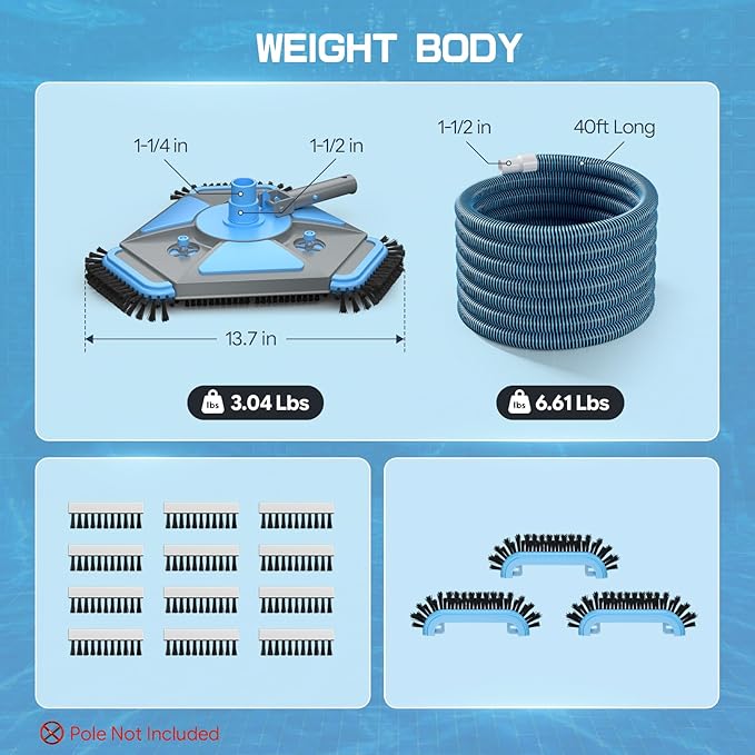 UIRWAY Upgrade Pool Vacuum Head with Side Brush & 360° Swivel Cuff, 1-1/2" x 40 Ft Heavy Duty Manual Kink-Resistant Vacuum Hoses, Weighted Triangular Shape for Inground & Above Ground Pool(No Pole)