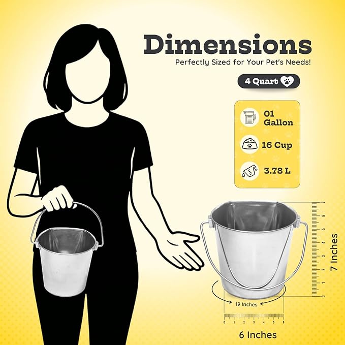 4 quart Stainless Steel Flat Side Bucket | 1 gal Durable Heavy Duty Food & Water Feeding Pails for Birds Dogs Cats Goat | Fits kennels Cages Critter Crates Hanging Pet Pail | Multipurpose