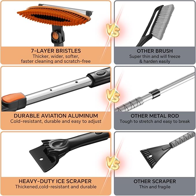 4-In-1 Snow Brush and Ice Scrapers for Car Windshield 55'' Extendable Snow Shovel Snow Broom Kit with Squeegee, Foam Grip 180°Pivoting Thicken Brush Head Portable Snow Scraper for Car, Trucks, SUV