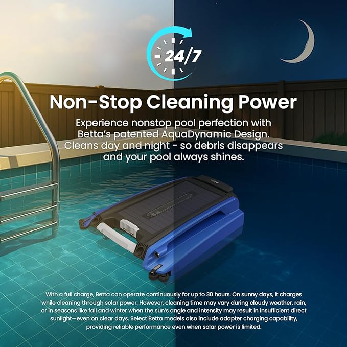 Betta SE Solar Powered Automatic Robotic Pool Surface Skimmer Cleaner with 24/7 Continuous Cleaning Battery Power and Re-Engineered Twin Salt Chlorine Tolerant Motors (Blue)