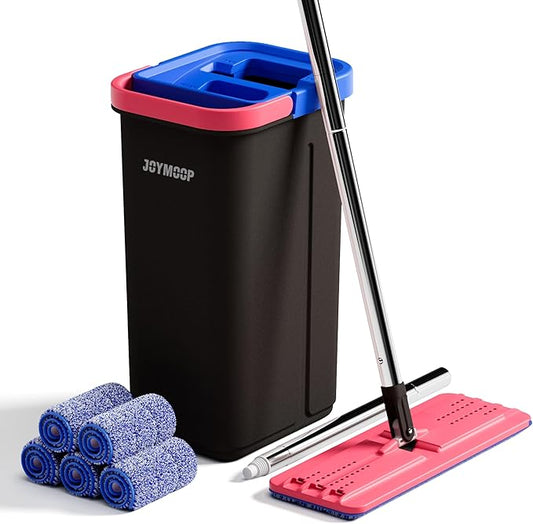 JOYMOOP Microfiber Flat Mop and Bucket System, Mops for Floor Cleaning and Wall Cleaner, Hardwood, Tile, Laminate, Vinyl Floors, Smooth Walls, and Glass Windows - 60" Flat Mop+5 Microfiber Pads[Black]