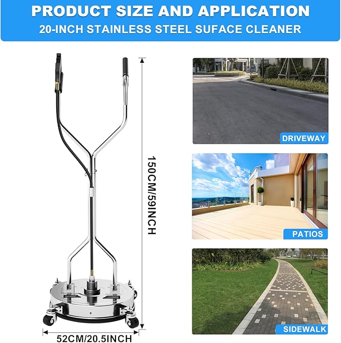 20" Pressure Washer Surface Cleaner with 304 Industrial-Grade Stainless Steel Housing, Dual Handle, Driveway Pressure Washer Attachment, 2 Replacement Nozzles, for Concrete, Sidewalk, Deck, 4500 PSI