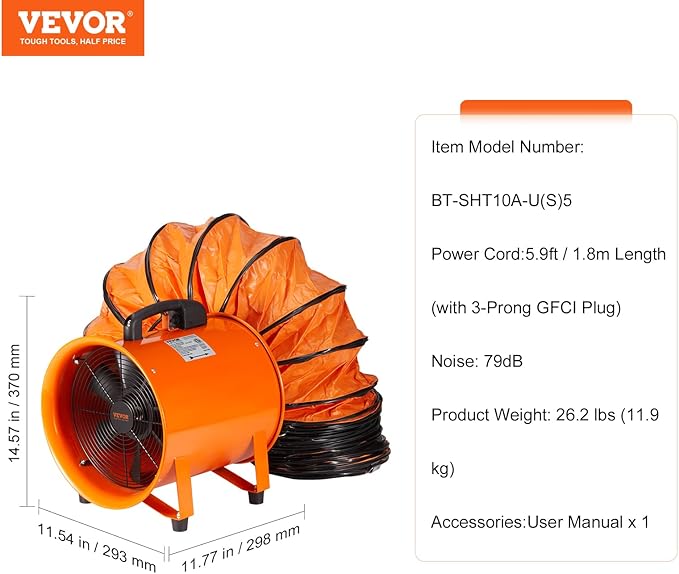 VEVOR Air Mover Blower Fan 10 Inch, 1893CFM 380W with 16.4ft Flexible Duct, Industrial Portable Ventilator Blower/Exhaust, Orange