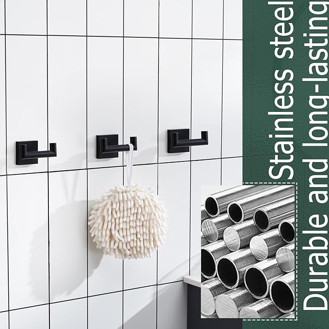 KOKOSIRI Robe Hook Bathroom Double Towel Coat Hooks Matte Black for Bath Kitchen Wall Mounted, 3 Pack Stainless Steel B1015BK-P3