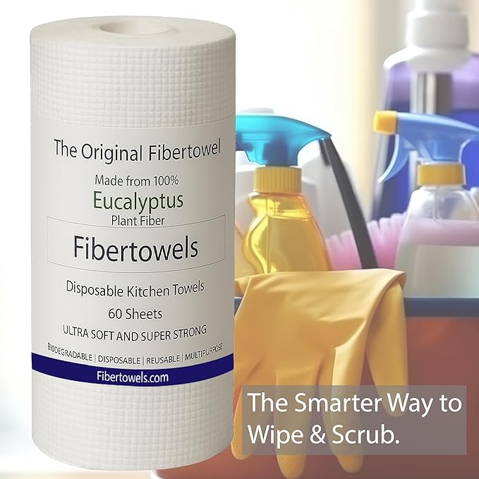 2 Pack Fibertowels Disposable Kitchen Towels Rolls XL 12" x 10", Ultrasoft & Super Strong, Eucalyptus Plant-Based Highly Absorbent Kitchen & Bathroom Cleaning Sheets 120ct