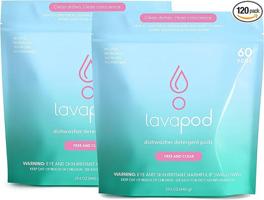 Natural Dishwasher Pods | Plant Based Enzymes Dishwasher Detergent, Free & Clear (Unscented), Eco-Friendly, Tough on Grease & Food Residue | 2 Pack of 60, 120 Pods