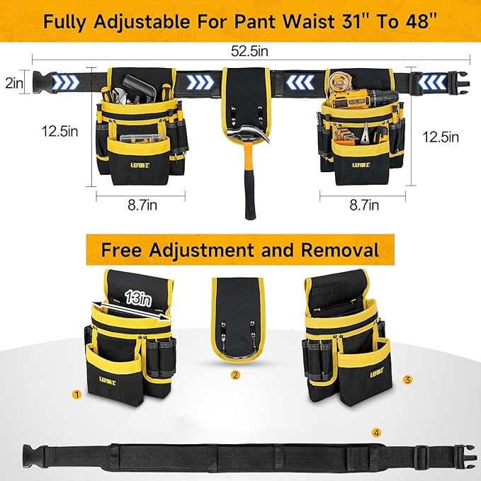 Tool Belt,Magnetic Tool Pouch,27-Pockets Heavy Duty Tool Belts for Men,Detachable Tool Pouch Bag for Electrician,Carpenter,Construction,Utility Belt,Valentines Day Gifts for Men,Black,Yellow