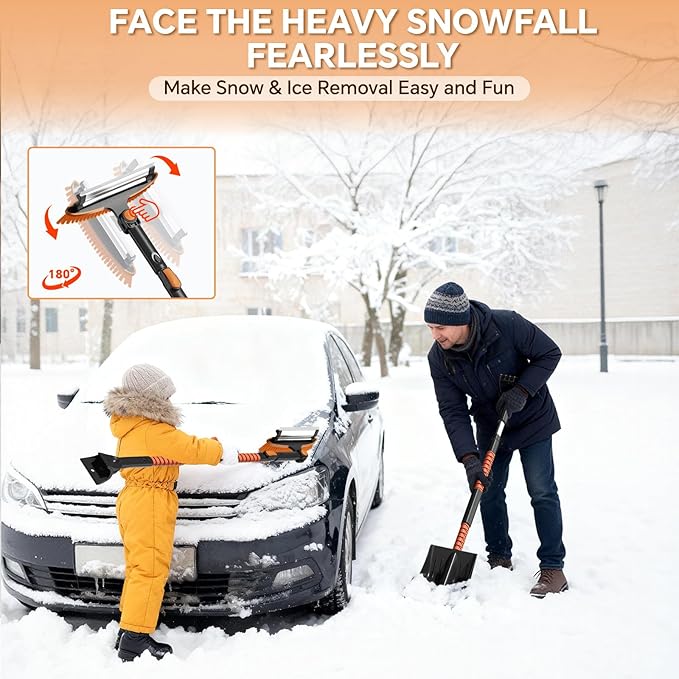 4-In-1 Snow Brush and Ice Scrapers for Car Windshield 55'' Extendable Snow Shovel Snow Broom Kit with Squeegee, Foam Grip 180°Pivoting Thicken Brush Head Portable Snow Scraper for Car, Trucks, SUV