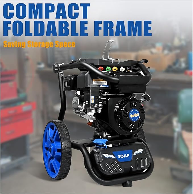 TOOLCY 3400 PSI & 2.8 GPM Gas Powered Pressure Washer with Onboard Soap Tank, Power Washer for Cleaning Cars Homes Patios Fences Driveways, Spray Gun, 5 Nozzles, 50FT Pressure Hose (Foldable Frame)
