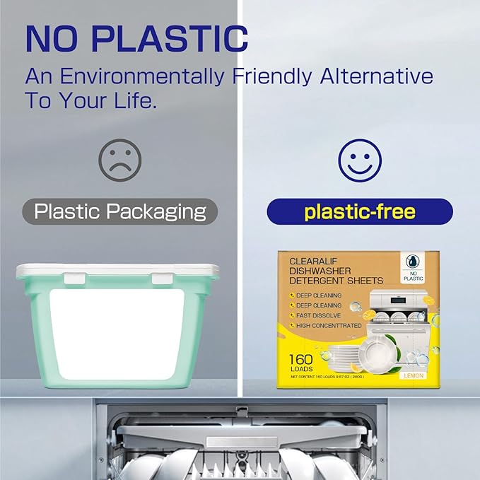 CLEARALIF Dishwasher Detergent Sheets, Lemon Scent, Up To 160 Loads, Eco Dishwashing Soap Strips for in Dishwasher or Sink