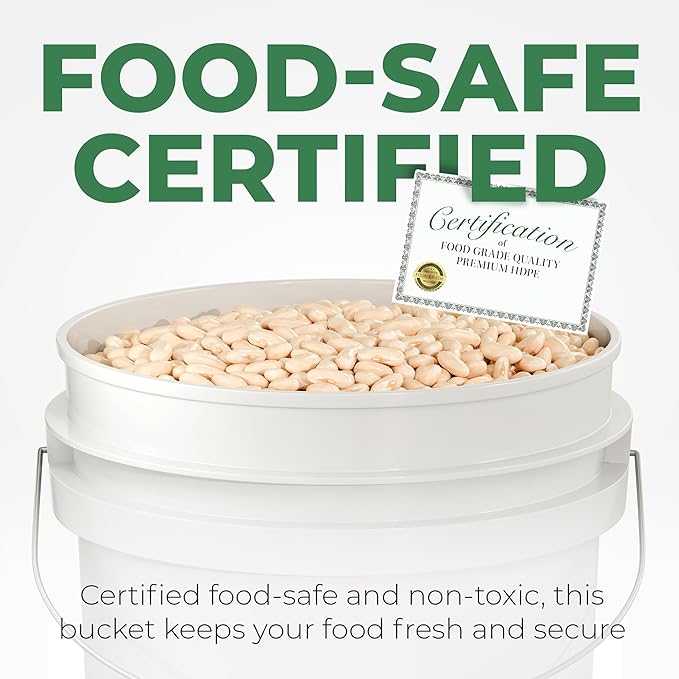 5-Gallon White Bucket Pail Container with Lid | Food Grade | Heavy-Duty Extra Durable | Metal Handles with Plastic Grip for Easy Carrying | Multi-Use | Easy Stack and Store | BPA Free