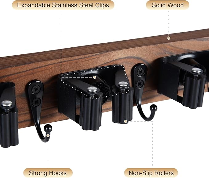 Broom Holder Wall Mount With 5 Slots & 4 Hooks，Rustic Wood Broom & Mop Hanger，Wall Mounted Garden & Garage Tool Storage Organizer Rack for Closet Laundry Room or Kitchen Wall Decor