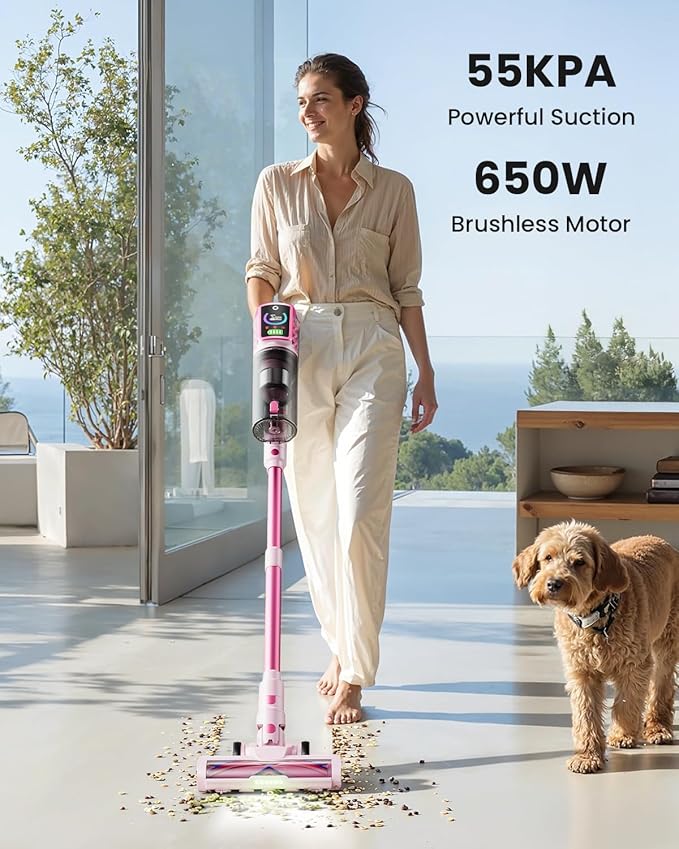 Cordless Vacuum Cleaner,55KPa 650W 65Mins Vacuum Cleaners for Home,Stick Vacuum with LED Display &Anti-tangle Brush and Self-Standing Design,Vacuum Cleaner for Hardwood Floors,Carpet,Pet Hair(Pink）