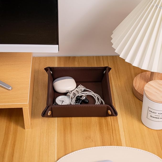 BONNY DODO Valet Tray for Men PU Leather Tray Organizer with Partition, Storage Keys, Watch & Practical Storage for Table Nightstand Living Room Bedroom (Dark Brown-Square)