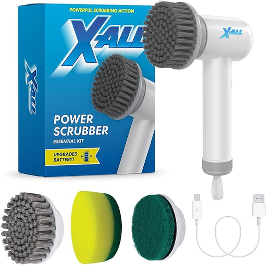 Electric Spin Power Scrubber - Rechargeable Lightweight Waterproof Cordless 2-Speed Control Cleaning Tool with 2 Spin Brush Heads - White