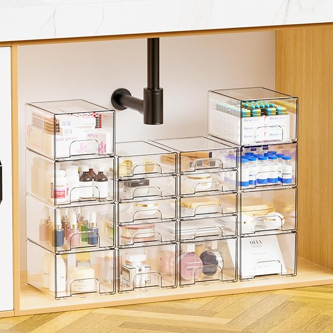 Yieach 6 Pack Small Stackable Storage Drawers,4.4 Inch Tall Stacking Acrylic Clear Storage Bins for Bathroom Vanity,Undersink,Pull Out Drawer Organizers for Beauty,Makeup,Medicine Cabinet Organizers