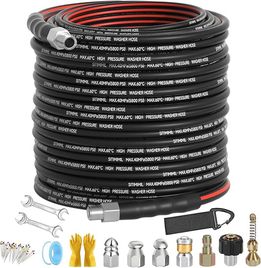 Sewer Jetter Kit for Pressure Washer 150FT, Drain Cleaner Hose 1/4 Inch NPT, NPT Corner Swivel and Push Button Nose Sewer Jet Nozzle Wrenches Gloves Waterproof Tape Pearl Brooch,5800PSI