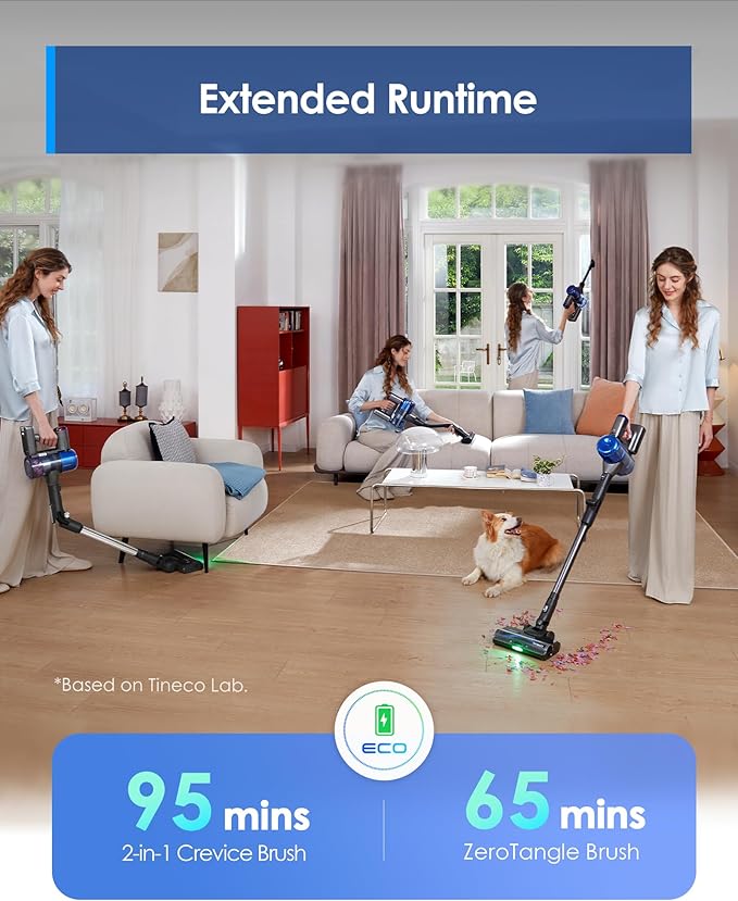 Tineco Pure ONE S70 Cordless Vacuum Cleaner, 200AW Powerful Suction, 3D Sense Pro Cleaning System, 95min Runtime, Zero Tangle Brush,180° Foldable Tube, Stick Vacuum for Pet Hair, Carpet & Hard Floor