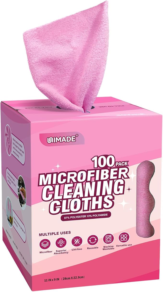 Microfiber Cleaning Cloth, 100 Sheets Microfiber Towels for Cars Commercial Grade Shop Towel Washcloths Lint-Free Bulk Cleaning Rags for Mechanic Restaurant Garage Housekeeping, 11"x 9", Pink