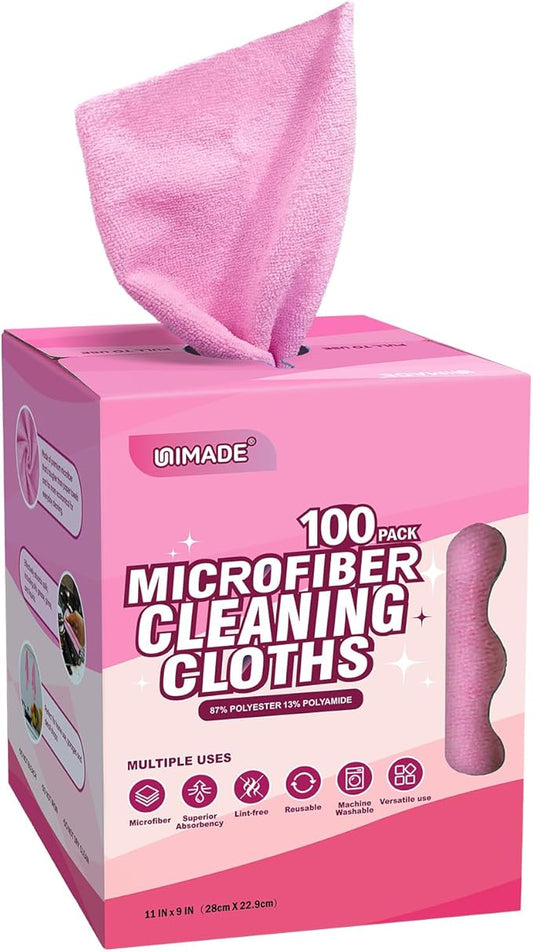 Microfiber Cleaning Cloth, 100 Sheets Microfiber Towels for Cars Commercial Grade Shop Towel Washcloths Lint-Free Bulk Cleaning Rags for Mechanic Restaurant Garage Housekeeping, 11"x 9", Pink