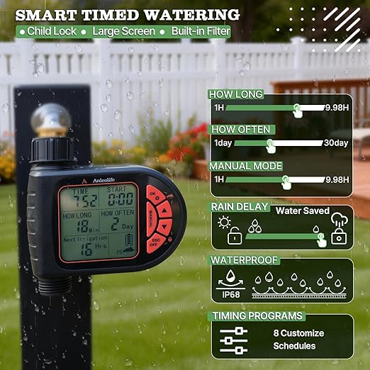 A ANLEOLIFE Automatic Drip Irrigation Kit 82.4FT with Water Timer, 8 Custom Programs & LCD Screen, Quick-Connect Tubing, Adjustable & 360° Bendable Nozzles for Raised Beds, Garden, Lawn