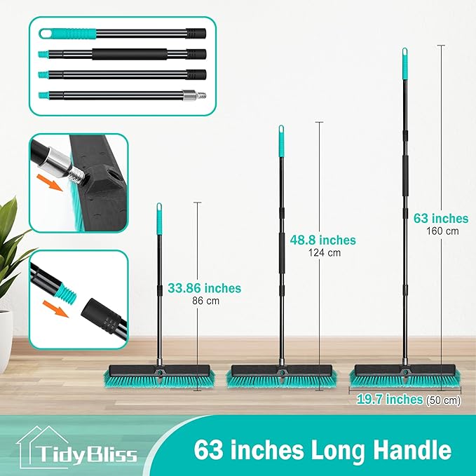 18” Push Broom Outdoor Heavy Duty 3 Pack, Large Commercial Stiff Bristle Brush with 63 inches Long Handle for Garage Shop Garden Yard Patio Deck Street Warehouse Lawn Driveway (Green)