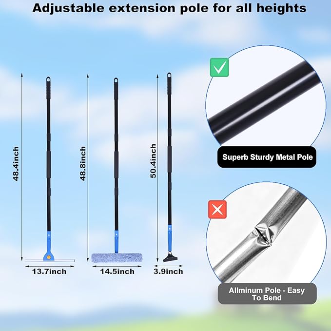 3-in-1 Professional Window Squeegee Kit with 2 Squeegee, 2 Microfiber Scrubber, 1 Razor Scraper, Thick Iron, 48.8" Window Squeegee with Extension Pole for Car, Glass, Mirror, Wall, Bathroom, Home, Van
