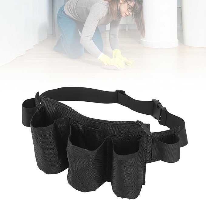 Garden Tool Belt with 6 Pockets & 2 Straps, Waterproof 600D Oxford Fabric, Adjustable Gardening Tool Pouch, Gardening Waist Bag for Outdoor, Camping, Gardening, Cleaning, Housekeeping (Black)