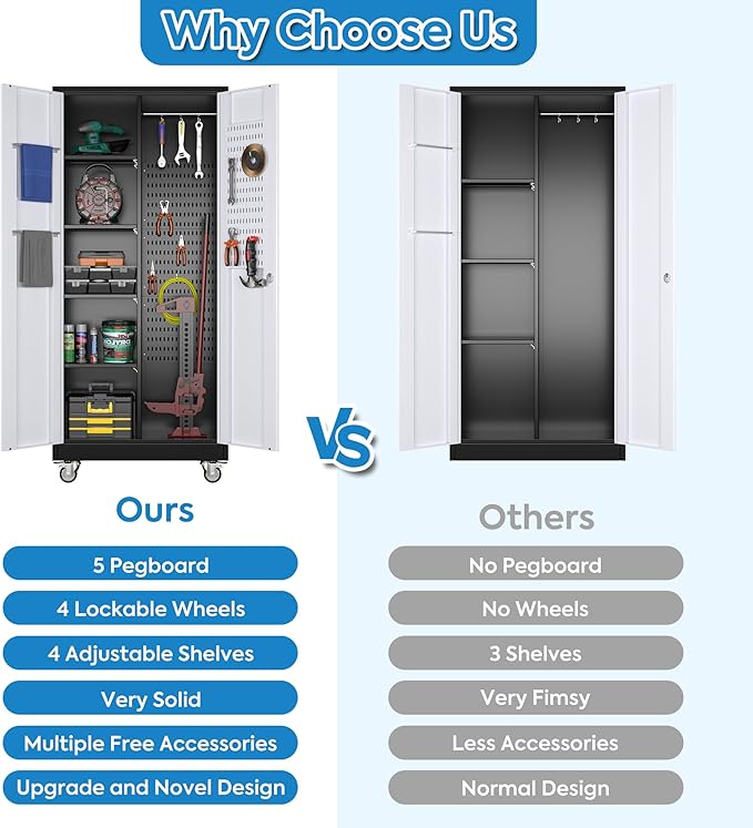 SUXXAN Broom Closet Storage Cabinet with Wheels 71.4"x 31.5"x15.7", Metal Cleaning Cabinets with Hooks and Hanging Rods, Lockable Cabinet with Pegboard, Adjustable Shelf(Black/White)