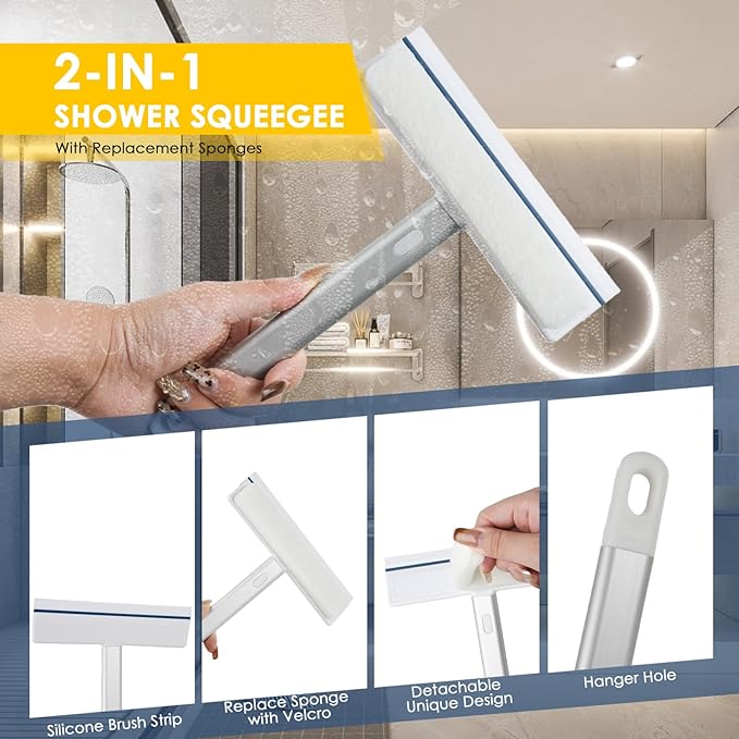 3 Pack Shower Scrub Brush Set - Detachable Stiff Bristle Grout Cleaner Brush, 2-in-1 Shower Glass Squeegee with Replacement Sponges, Scrubbing Brushes for Cleaning Bathroom, Bathtub, Gaps, Tile, Sink