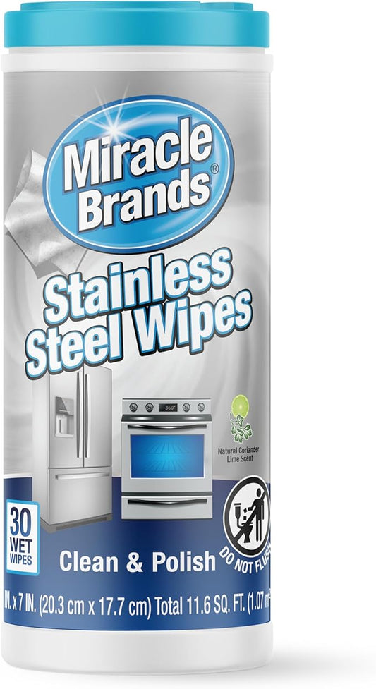 MiracleWipes for Stainless Steel, Great for Kitchen and Appliances, Including Oven, Refrigerator, Dishwasher, Microwave, Sink, Hood, Grill, Removes Fingerprints and Smudges - 30 Count