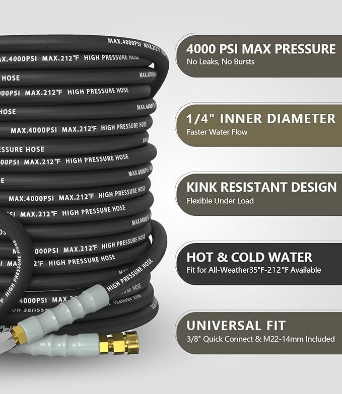 Pressure Washer Hose 200FT 4000 PSI, Kink Resistant Steel Braided Layer & NonMarking Rubber for Hot/Cold Water, High Power Washer Hose With 3/8 Inch Quick Connect & M22 Fitting, Black
