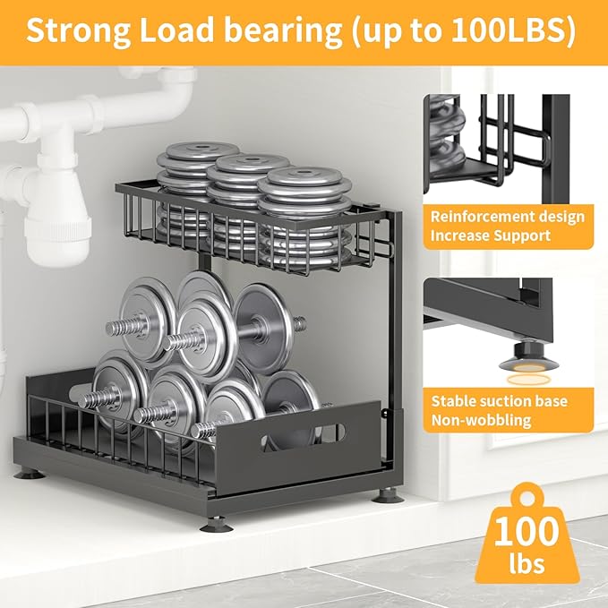 Under Sink Organizer Storage 2-Tier Premium Metal Pull-Out Kitchen Cabinet Organizer with Sliding Drawer, Height Adjustable, Heavy Duty for Kitchen & Bathroom Organizers 1 Pack Black