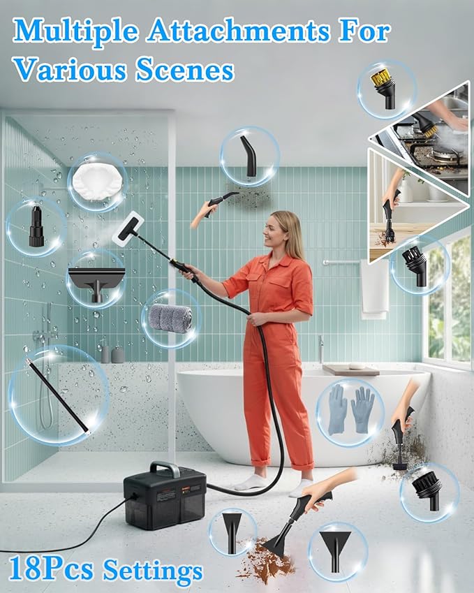 Steam Cleaner for Home - 1600ML Water Tank 15s Heat-Up Portable Steamer for Cleaning, 6 Level Adjustable, 2500W, 45PSI, 250°F Steam, Handheld Steam Cleaner for Car Detailing, Grease, Tile,Grout