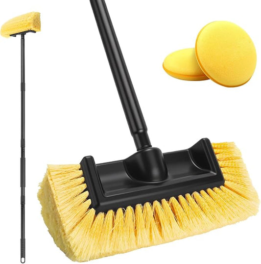 Car Wash Brush with Long Handle, 58.5'' Soft Bristle Cleaning Tool for Truck Exterior, RV, Boat, Solar Panel, Deck Washing, 2 Wax Applicator Pads Included