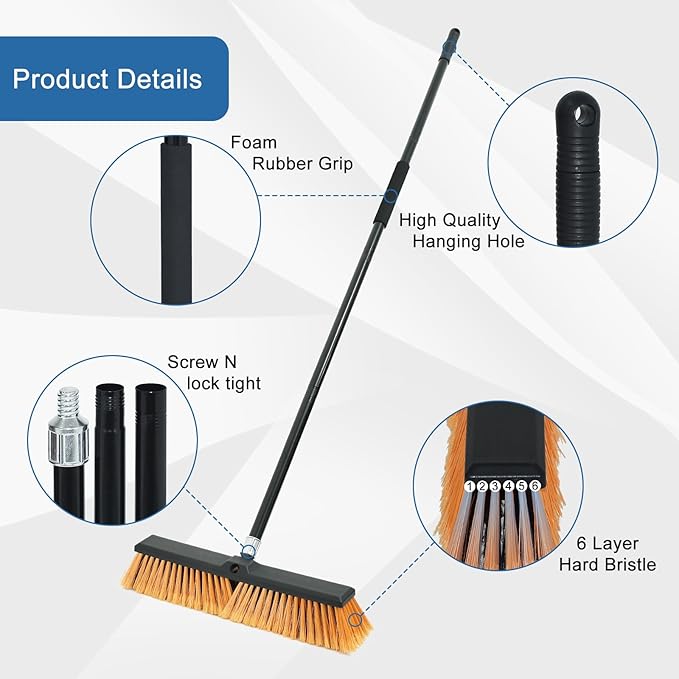 PBHEPJ 24 Inchs Push Broom Outdoor Heavy Duty, Shop Broom with 60" Long Handle for Cleaning Outdoor or Indoor Tile, Garage, Shop, Deck, Concrete, Wood, Stone, Patio Floor